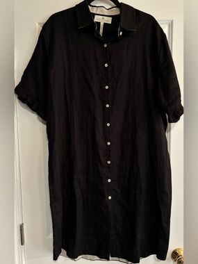 Crown Linen Designs Linen Black Button-Up Short Sleeve Shirt Dress, size Large
